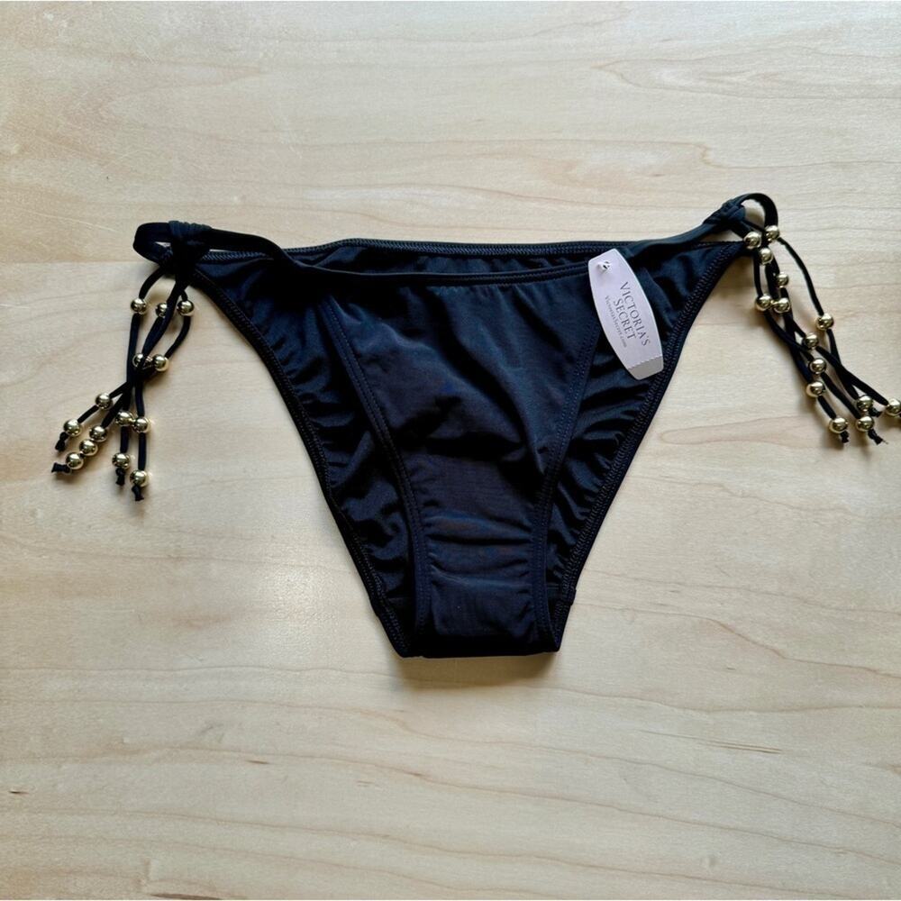 Victoria's Secret Black String Hipster Gold Beaded Bikini Bottom Size: XS NWT